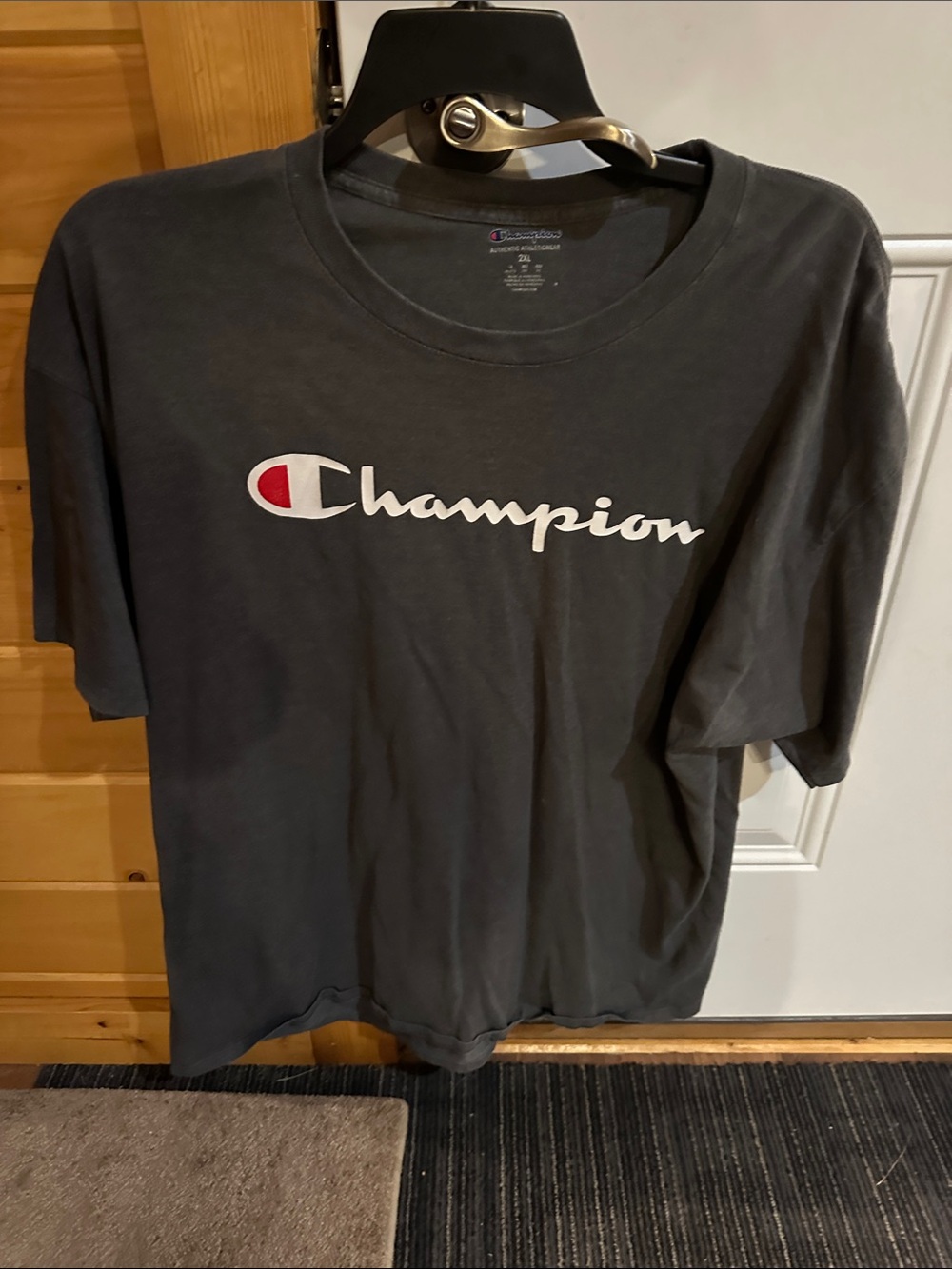 Champion Charcoal Tee with White Script and Red Emblem